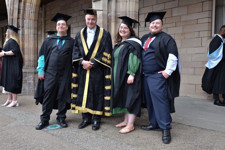 Pizzuto-Pomaco triplets John, Anna and Josh with Pro-Chancellor Iain Torrance