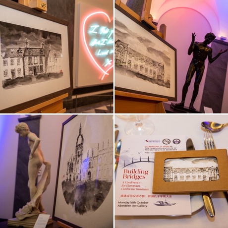 Collage of art at Aberdeen Art Gallery and a place setting