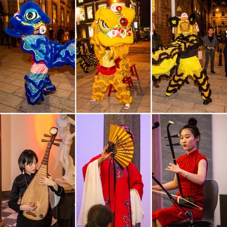 Colage of three different coloured dragon puppets in the top row and women performing musical instruments and dancing in the bottom row