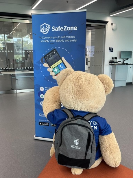 Teddy bear wearing the laptop bag with a SafeZone banner in the backgound