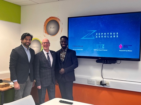 Pictured from left to right: Zephyrus Aerolabs Co-founder Christopher Solomon, MSP Kevin Stewart and Zephyrus Aerolabs’ Head of Marketing Derrick Ofori