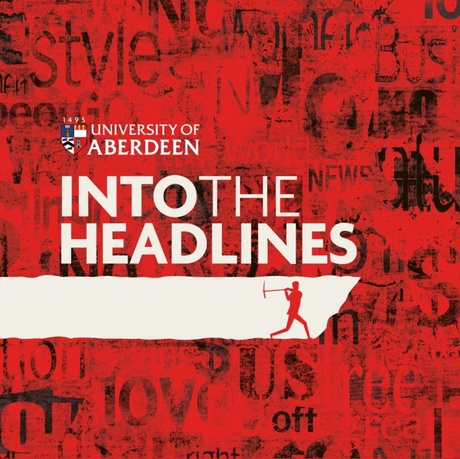 Red background with faded headlines in the bckground, a silhouette of a person mining underneath the headline