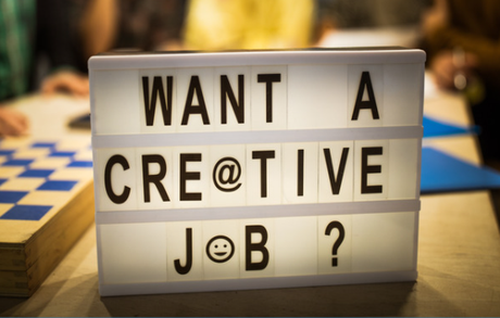 Lightbox with the question 'want a creative job?' on it