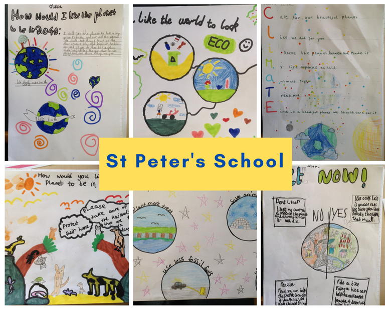 A collection of children's posters on the theme of climate change.