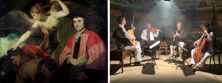 Jodhua Reynolds portrait of James Beattie next to photo of Scots Baroque ensemble.