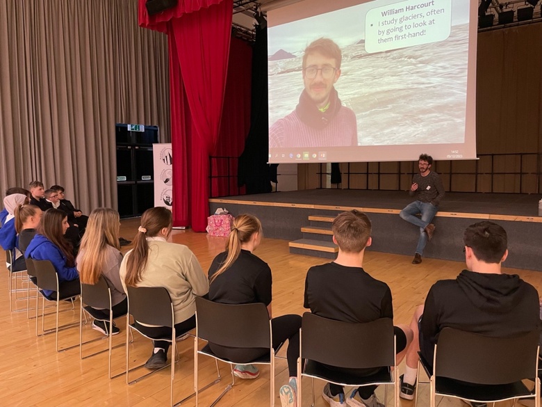 Will Harcourt talking to students at Bucksburn Academy