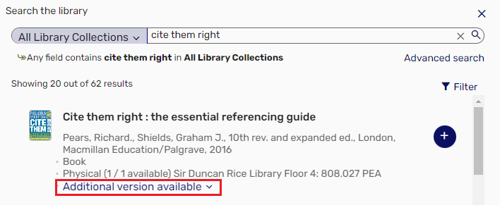 A screenshot of the search page within Leganto, a search has already been completed for "Cite them Right". Within the results the title information has "additional version available" highlighted in a red box, indicating that you should click here.