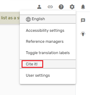 A screenshot of the menu found under the cog symbol in Leganto. There is a red box around the phase "Cite it!" indicating that this the selection that should be made