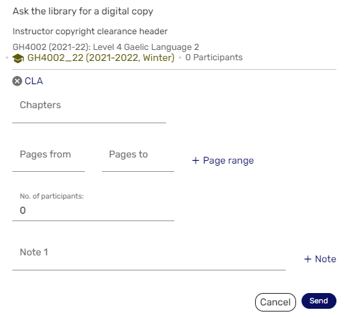 A form for submitting a digitisation request, asking for chapter information, page numbers and the number of participants on the course.