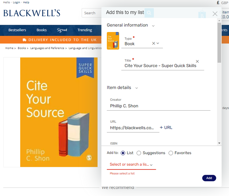 A screenshot of a title being sold on Blackwell's website. There is a popup halfway through the page with the book information loaded by cite it. At the bottom there is red text prompting the user to select a reading list.