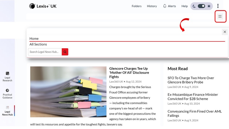 Image shows Legal News Hub page of Lexis+ UK