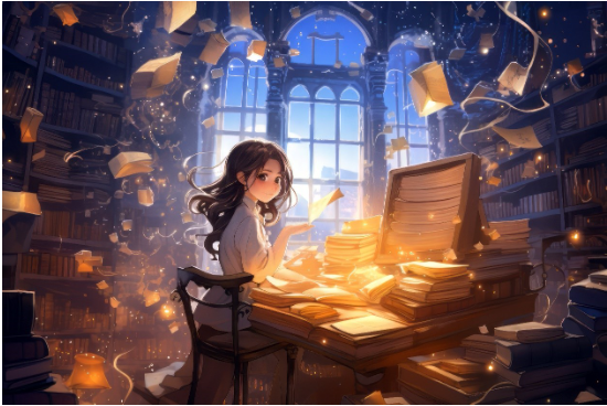 Anime style image of woman with long brown hair at a library desk with books swirling around her by magic.