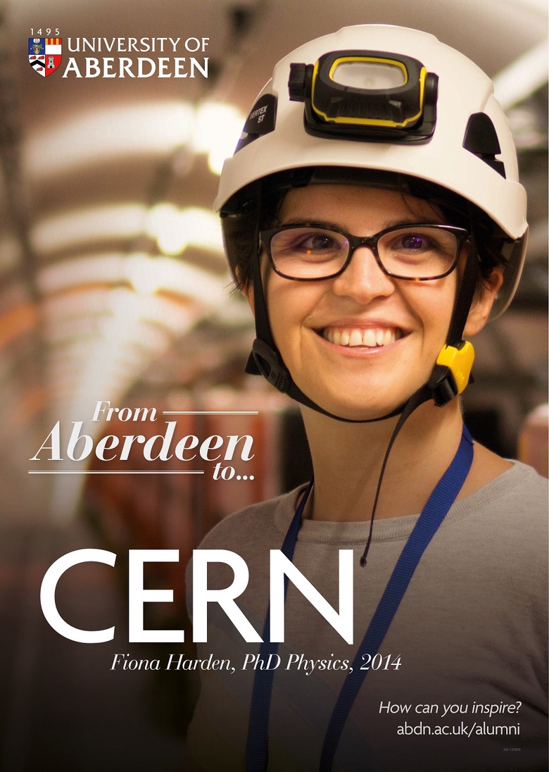 A poster showing Fiona Harden in a hard hat at CERN