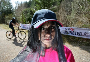 Competitor in the 2007 First Monster Challenge protects herself with a midge net.