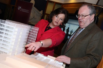 University Principal, Professor C Duncan Rice, and Fiona Hyslop, Cabinet Secretary for Education and Lifelong Learning and a model of the new library