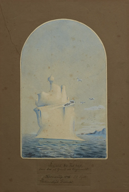 Andreas Kornerup, Isfjæld, 80 Fod højt, som stod paa Grund ved Kagsimiut. Kornerup 1876. 22. Septbr. Julianehaab Distrikt, (Iceberg, 80 feet high, which stood aground at Kagsimiut. Kornerup 1876. 22 Sept. Julianehaab District), 1876, watercolour on paper, 24.5 cm x 15.3 cm, Nationalmuseet, Copenhagen, Denmark