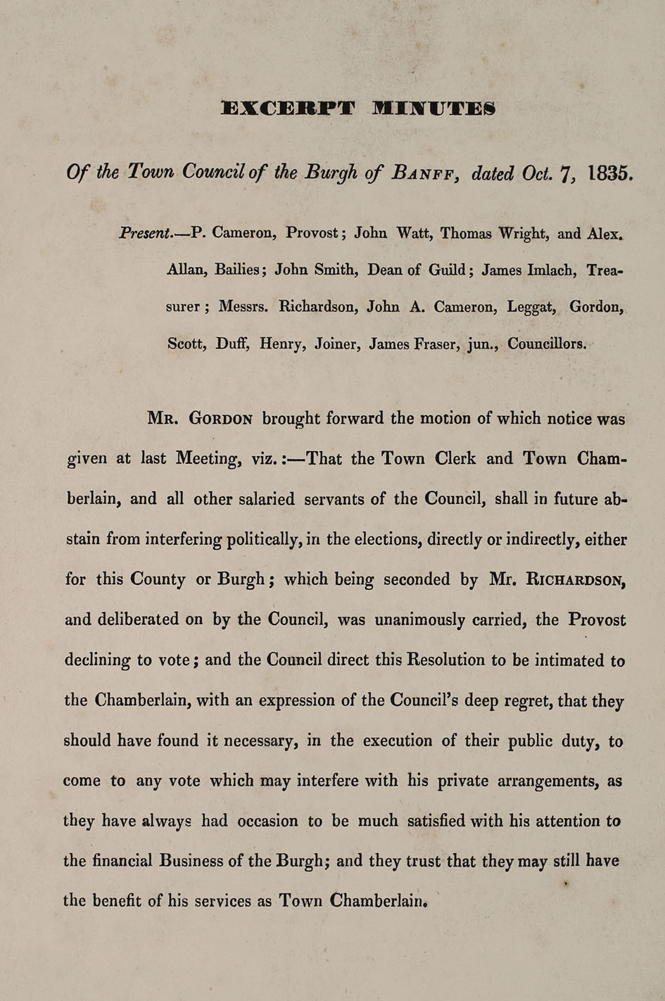 RAD096, Excerpt Minutes of the Town Council of the Burgh of Banff