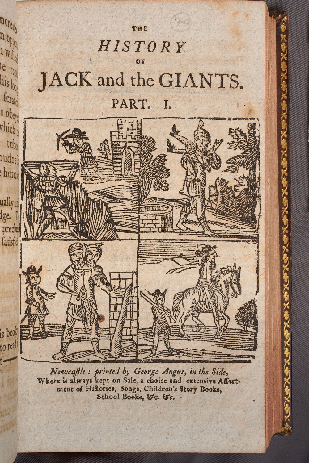 An illustrated page from The History of Jack and the Giants. A note at the bottom of the page states this is part of a collection of ‘histories, songs, children’s story books,’ and ‘school books.’