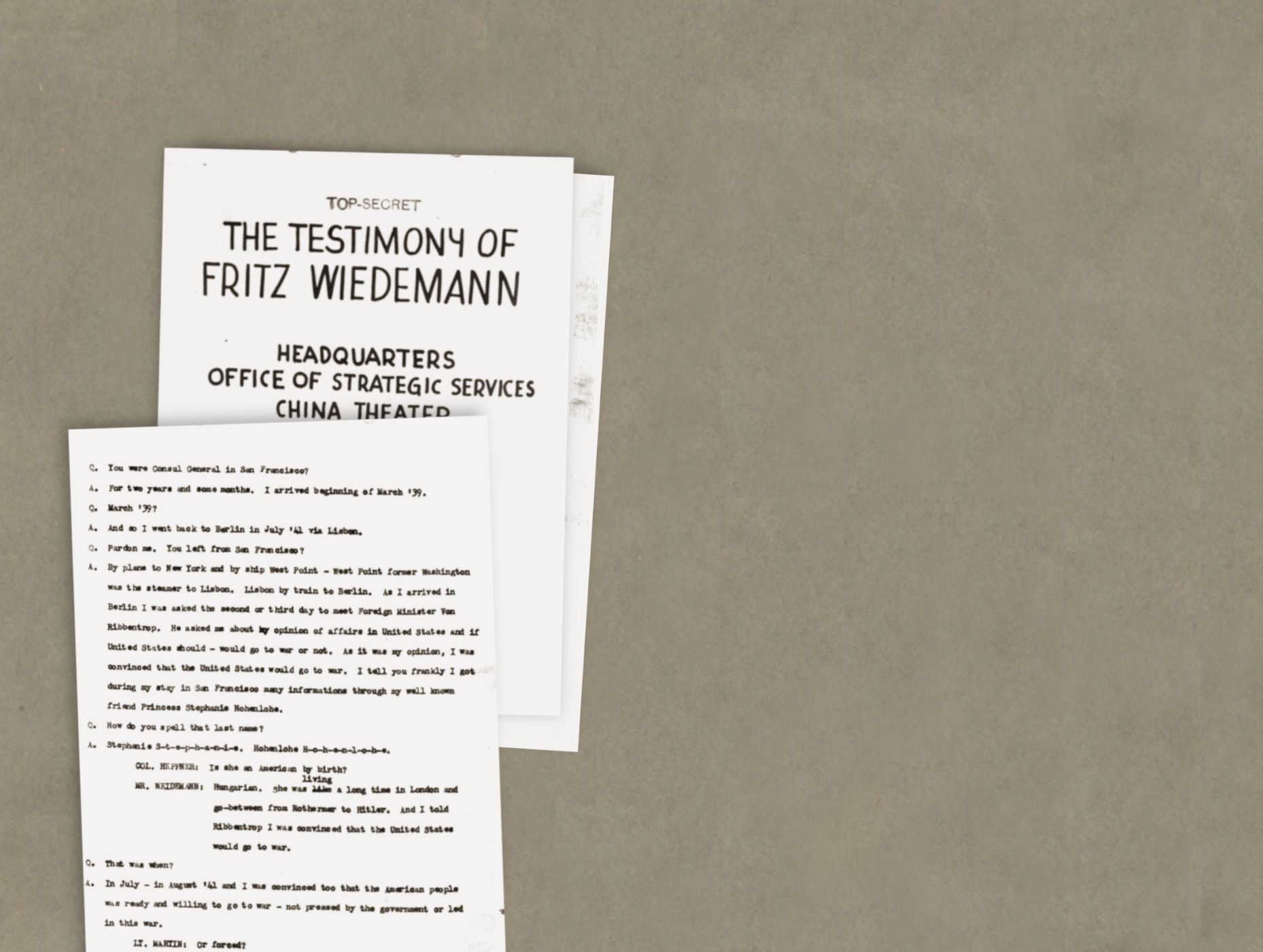Scanned pages from the Testimony of Fritz Wiedemann, recorded in China in 1945.