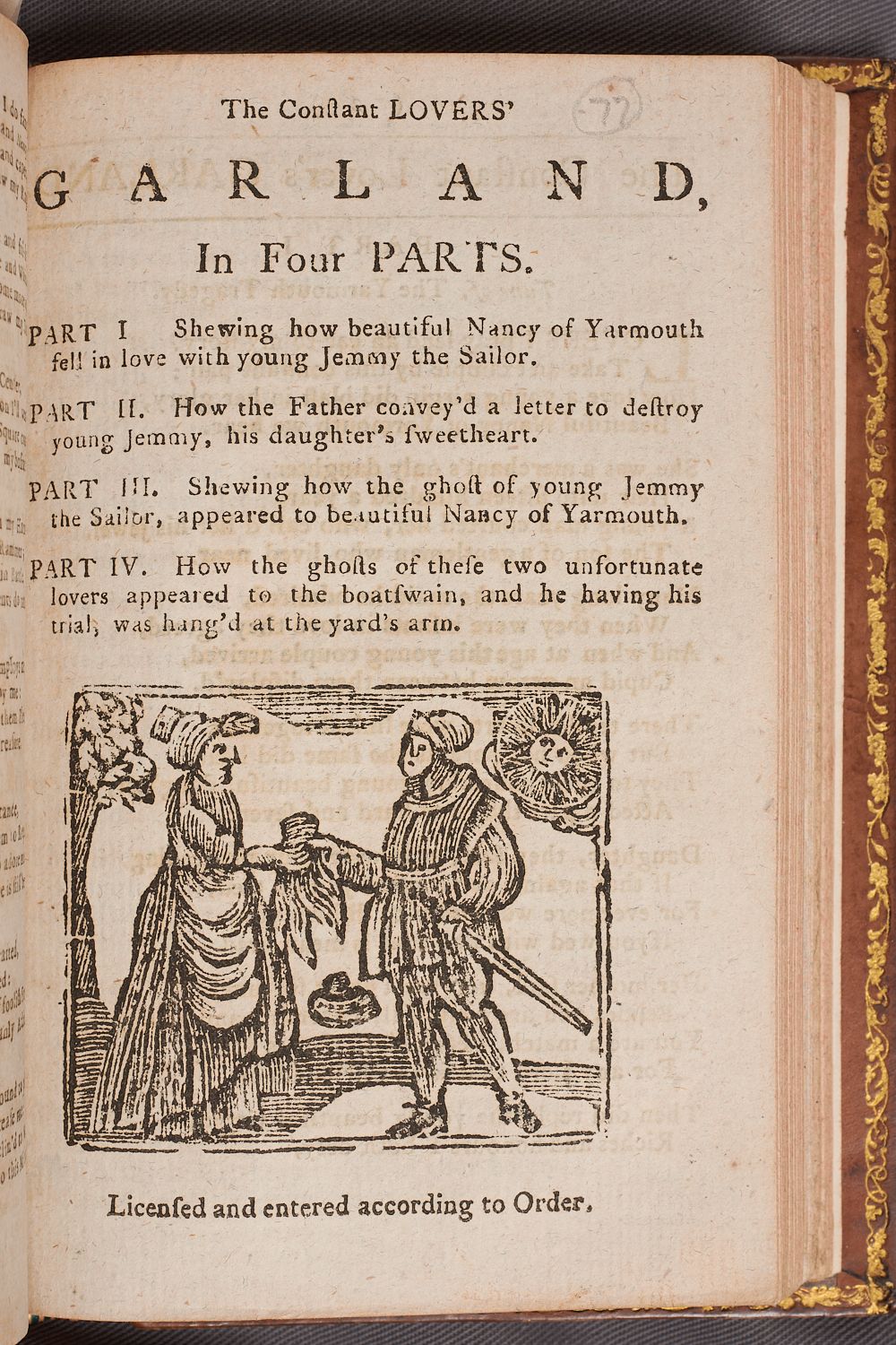 The contents page of The Constant Lovers’ Garland, with an image of sweethearts.